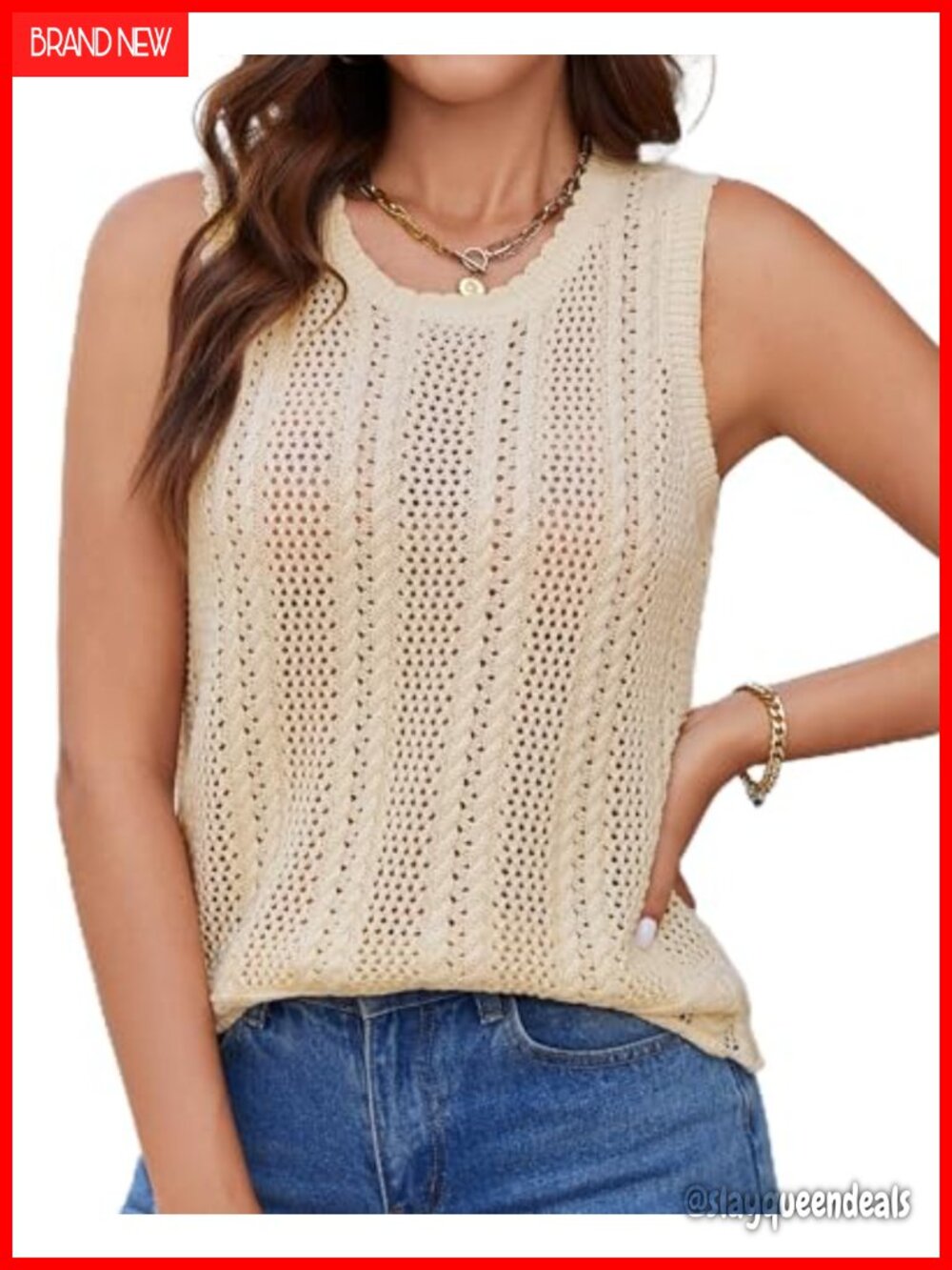 Crochet Knit Sweater Vest Sleeveless Crewneck Loose Fit Summer Top